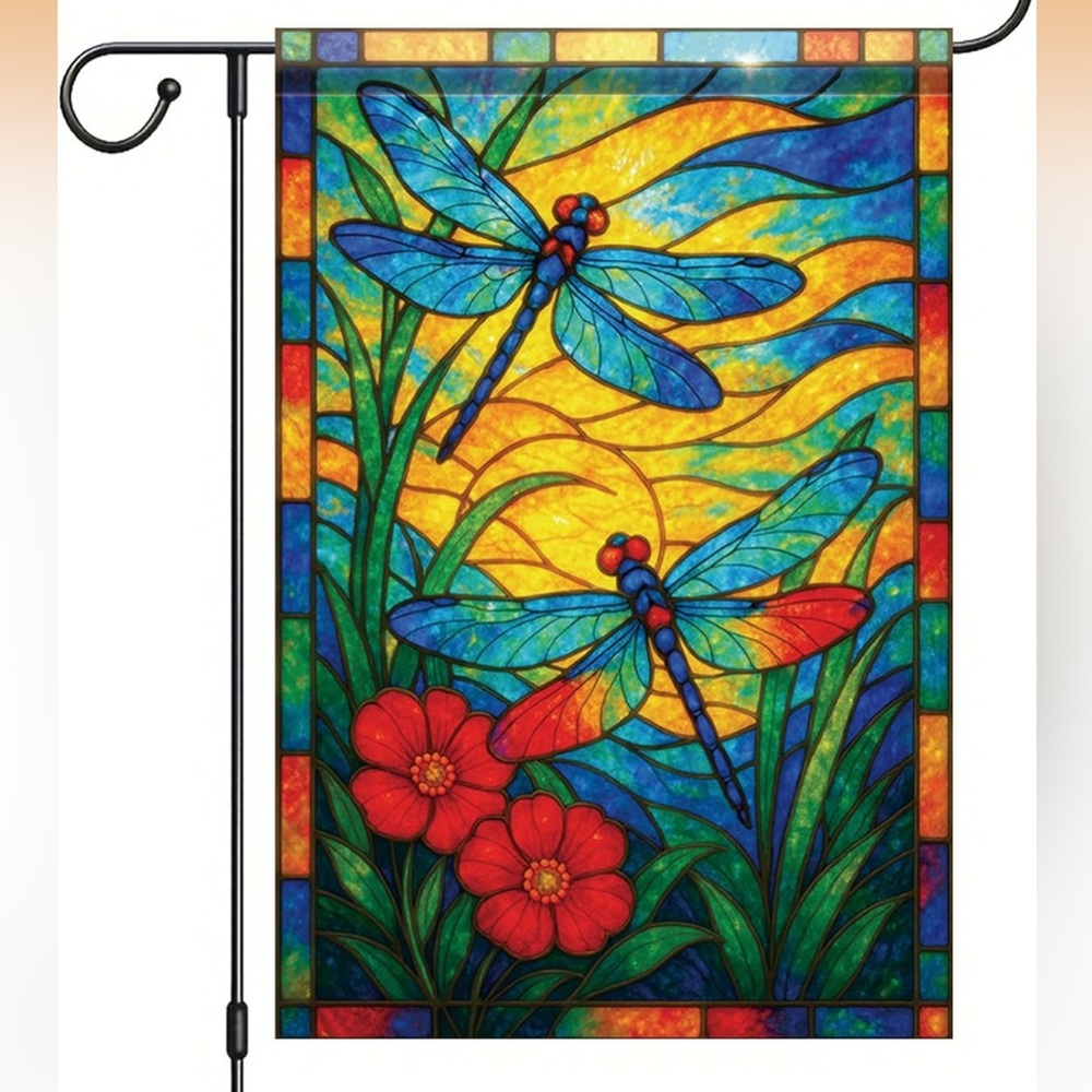 Colorful Dragonfly Stained Glass Outdoor Garden Flag